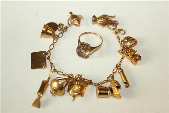 9ct gold charm bracelet and 9ct gold smoky quartz ring